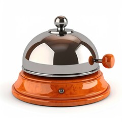 Shiny desk bell atop a wooden base, awaiting a ring