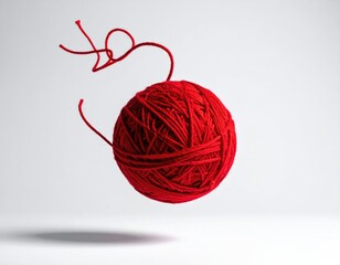 Bright red ball of yarn floats with loose threads