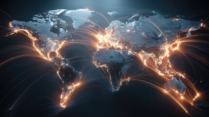 stunning digital world map visualization highlights global data flow and dynamic network connections across continents with vibrant light beams  