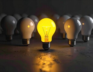 Illuminated bulb amidst unlit ones, signifying a bright idea