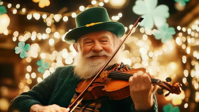 Joyful elderly man playing violin amidst festive lights in irish pub celebration