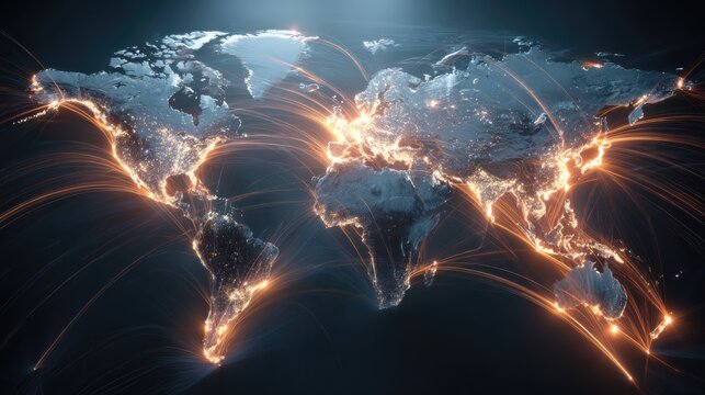 stunning digital world map visualization highlights global data flow and dynamic network connections across continents with vibrant light beams   - Powered by Adobe