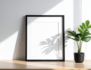 A framed artwork stands on a wood surface, plant next to it
