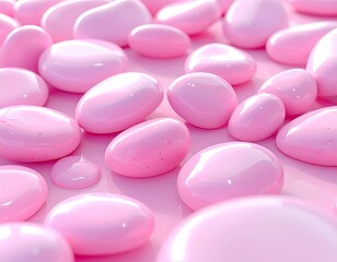 Close-up of smooth, glossy, pink, pebble-like objects scattered