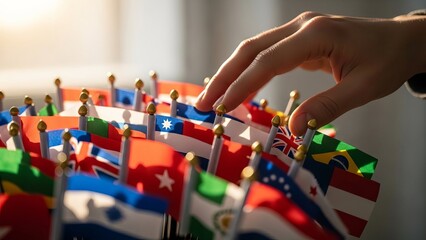 Hand choosing between many national flags in a sunlit room.