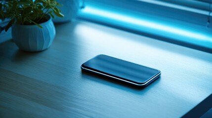 a modern office desk with a smartphone showing brightness soft rgb lighting casts a cool blue glow around the room techsavvy workspace 