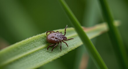 Naklejka premium Tick on a green leaf closeup.