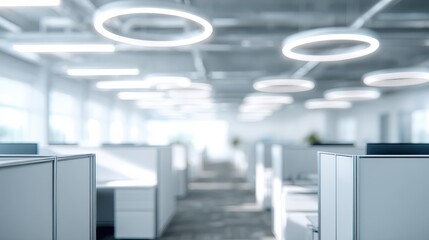 modern office interior with white cubicles and glowing circular ceiling lights softly blurred for an abstract corporate atmosphere with clean symmetry 
