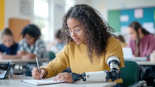 Student with bionic arm focused on writing in classroom setting