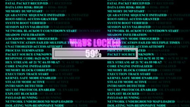 VIRUS LOCKED glowing progress bar shows 100% percent of ransomware active on a background of computer code programming, shows percent of malware deployed on a background of computer code programming.