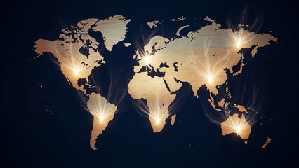 Global network connections emanate from key continents across a wooden world map on a dark background.