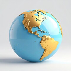 A 3D globe shows gold continents and blue oceans against a white backdrop