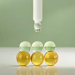 Dropper with liquid about to drip onto spheres in green and yellow