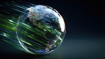 a glowing glass globe representing earth is illuminated by streaks of green and blue light suggesting global connectivity and digital data flow against a dark background  