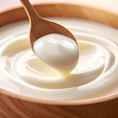 Creamy white dairy product being scooped from a wooden bowl