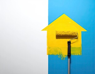 A roller paints a yellow house-shape on a blue and white wall
