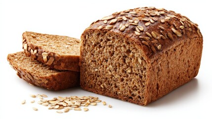 A loaf of hearty whole grain bread with oats, sliced and displayed with scattered oats, emphasizing its wholesome texture and appearance.