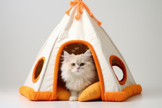 Cream colored kitten resting in a cozy tent shaped bed on a white background, enjoying comfort and security