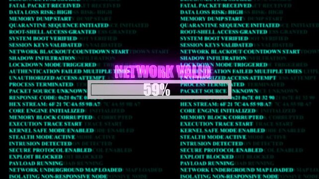 NETWORK VALID glowing progress bar shows 100% percent of ransomware active on a background of computer code programming, shows percent of malware deployed on a background of computer code programming.