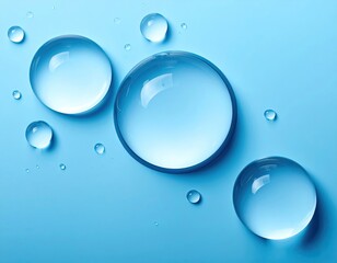 Close-up shot of transparent, spherical water droplets on a light blue surface