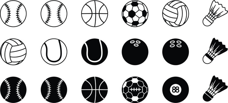 Sports Balls and Shuttlecocks Icons Set illustration