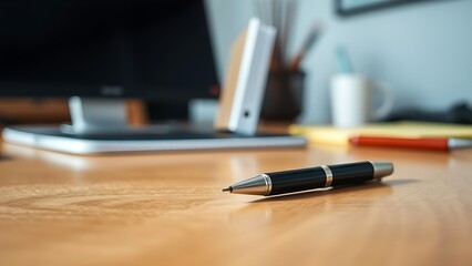 A single pen lying on a wooden desk with blurred background, professional workspace vibe.