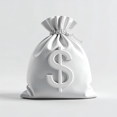 A white money bag with a dollar sign, rendered in 3D, on a plain background