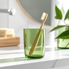 A toothbrush stands in a green glass, bathroom setting, minimalist aesthetic