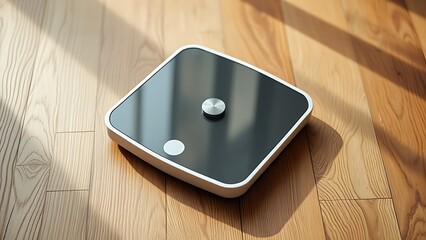 Weigh scales on wooden floor with soft morning light, representing healthy lifestyle concepts.
