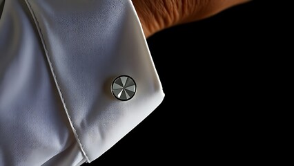 Extreme close-up of a sophisticated cufflink on a crisp white shirt cuff.
