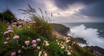 Coastal Cliffs with Wildflowers and Stormy Sea.