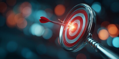 Red arrow hitting the glowing bullseye center of a metallic spiral target in a dark bokeh environment, concept for marketing strategy, achieving business goals and performance measurement optimization