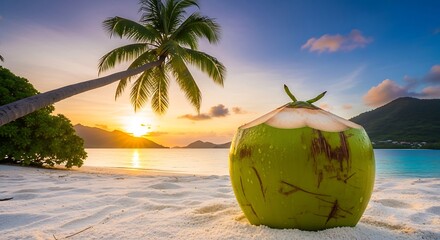 Coconut Drink on Tropical Beach at Sunset.
