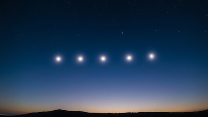 Six bright points of light aligned in the twilight sky above a dark, silhouetted horizon.