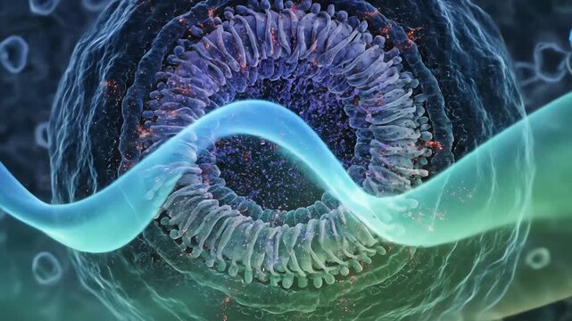 Reactive oxygen species pulse aggressively before antioxidants arrive. Once neutralized, the pulses fade into smooth, low-energy waves, restoring biochemical calm across the intracellular environment 
