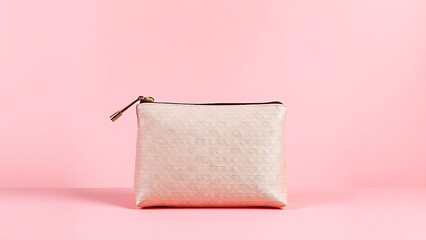 Elegant cosmetic bag on soft pink background, highlighting texture and design.