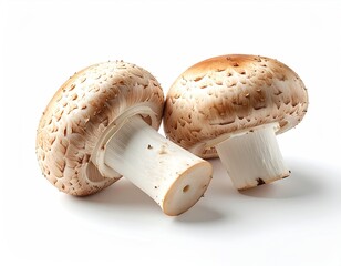 Two raw, textured mushrooms on a white surface, lit naturally