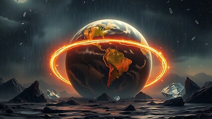 Prehistoric Earth wrapped in luminous rings with diamond shards raining onto cratered terrain.