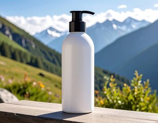 White bottle with black pump sits on wood, mountain view background