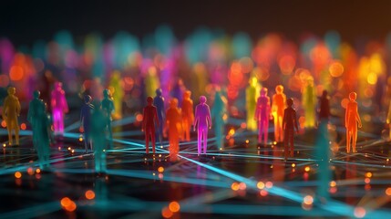 Abstract digital concept showing colorful miniature people on a glowing data connection network surrounded by bokeh lights, concept for social networking, big data analysis and corporate communication