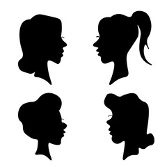 Fototapeta premium Silhouette of women profiles in various hairstyles in black on white background for graphic design