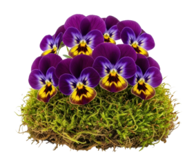 Vibrant purple pansies in moss arrangement nature floral display isolated on transparent background