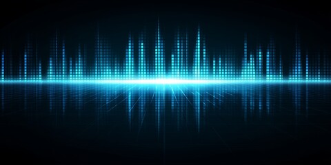 Abstract blue digital equalizer bars and waveform display reflecting on a dark futuristic grid surface, concept for technology backgrounds, musical visualization and high-tech advertising