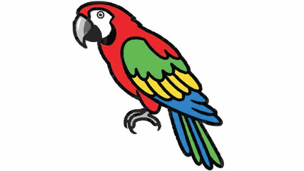 Fototapeta premium Bright and colorful cartoon illustration of a scarlet macaw parrot with red, green, yellow, and blue feathers, perched on an invisible branch.