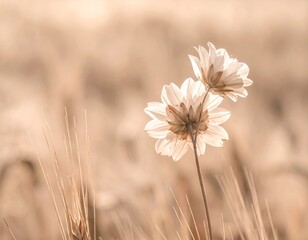 Two translucent flowers illuminated against a blurred, golden field