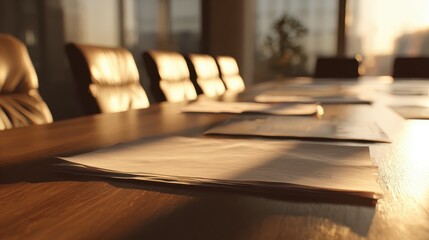 boardroom table with documents and warm ambient lighting blurred background 
