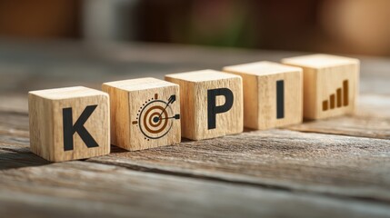 kpi key performance indicators concept with wooden blocks and digital icons representing target achievement and growth business metrics and performance measurement 