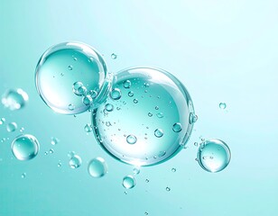Clear, spherical droplets float against a soft blue-green gradient background