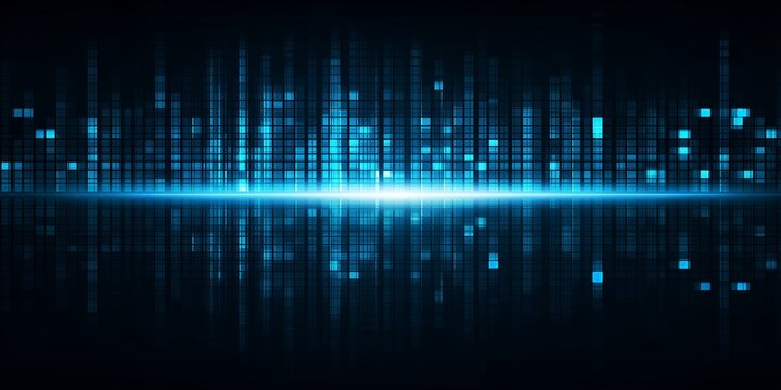 Abstract dark blue background showing glowing digital equalizer bars and data stream reflection, concept for modern networking, big data analytics and sound visualization applications - Powered by Adobe