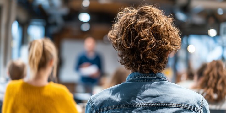Attendee's back view with curly hair listening to blurred presenter at corporate event, concept for corporate training, professional development and educational workshops